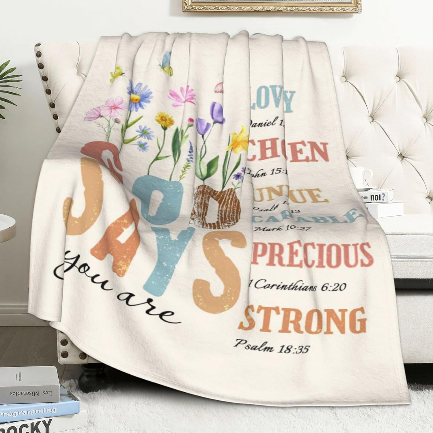 Christian Blanket Birthday Gifts for Women Men, Inspirational Scripture Throw Blanket with Bible Verse Religious Gifts (Apricot, 40x50 inch, Letter Flower)