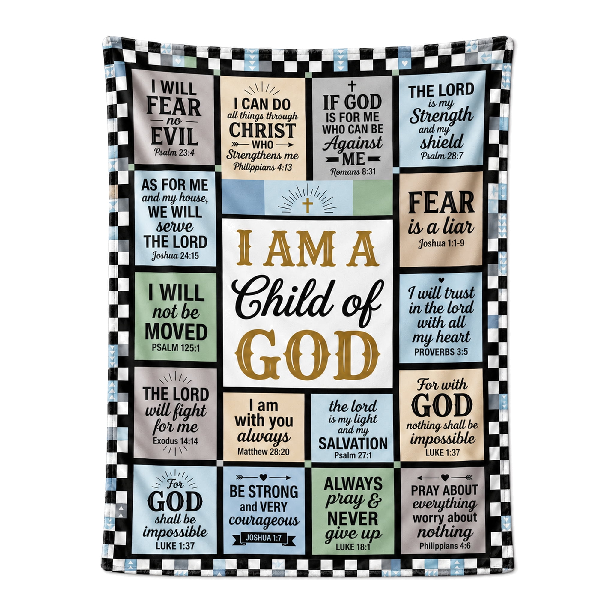 Chequerboard Border Christian Blanket, Child of God Faith Message with Bible Verses, Cross ...