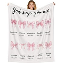 Christian Blanket Pink Bow Decor Religious Gifts for Women Mom Sister Birthday Inspirational Scripture Blankets Baptism Gifts for Girl Christmas Home Decorations 50" x 60"