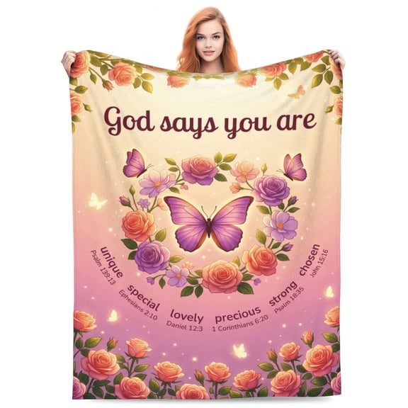 Christian Blanket Rose Butterfly Inspirational Bible Verse Throw Blanket, God Says You Are Loved Chosen Precious Faith Gift, Religious Decor Blanket for Women Bedroom Living Room 50x40