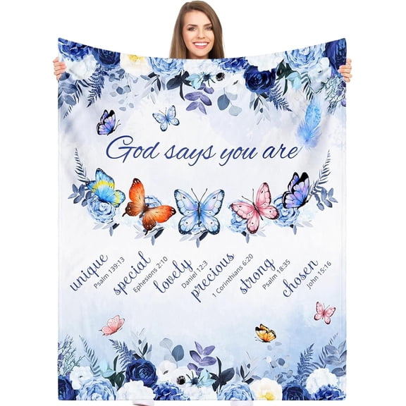 Christian Blanket for Women Blue Rose Butterfly Ultra Soft Religious Gifts Blankets with Bible Verse and Inspirational Thoughts Warm Plush Prayers Healing Throw Blankets 80"x60"