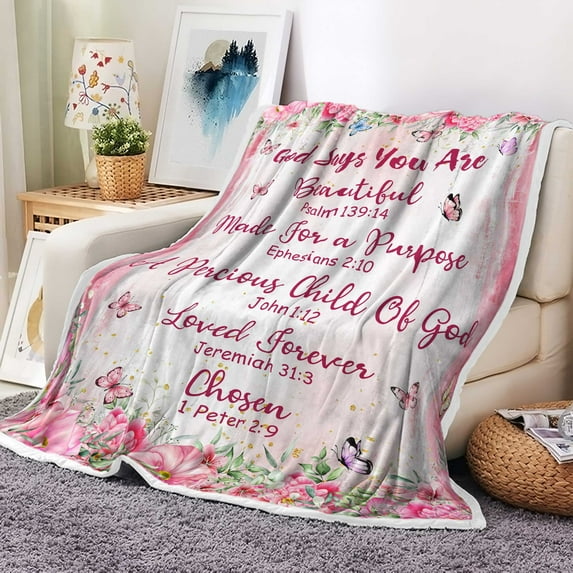 Christian Blanket for Women, Pink Floral Butterfly Inspirational Bible Verse Throws Blankets, Religious Birthday Christmas Present Kids Girls Soft Cozy Flannel Blanket, 50X60IN