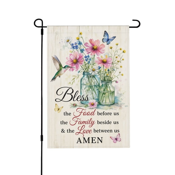 Christian Bless the Food Before Us Religious Prayer Hummingbird Floral Garden Flag for Spring Summer Yard Decor 12x18 in