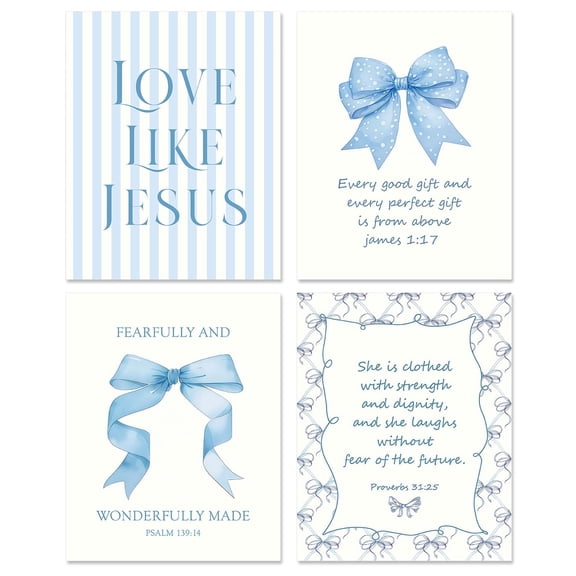 Christian Blue Bow Jesus Wall Art Decor Posters- 8x10 Inch Canvas Prints Unframed Set of 4, Bible Verse Prints for Home Bedroom Bathroom Dorm Decor