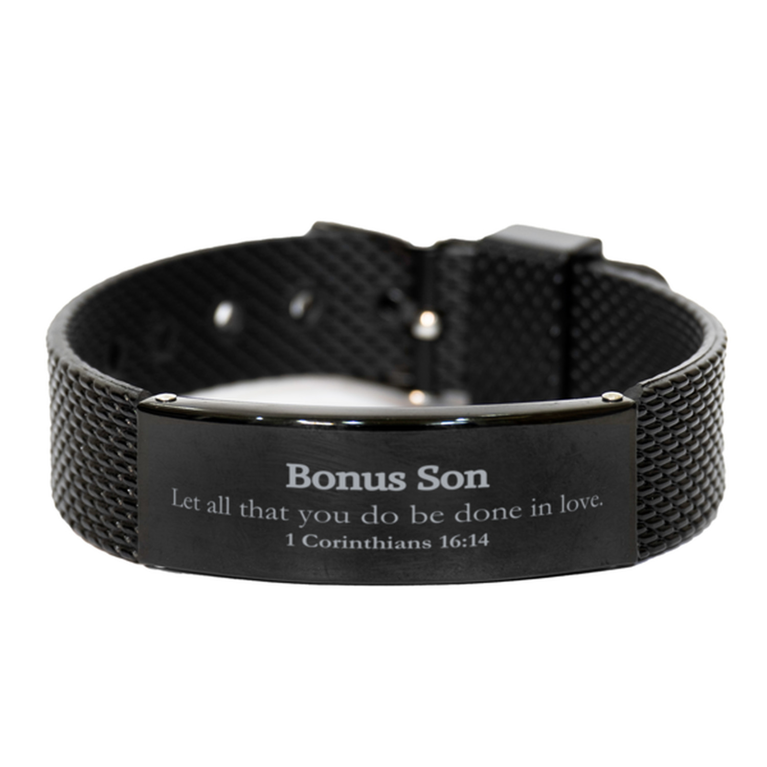 Christian Bonus Son Gifts, Let all that you do be done in love, Bible Verse Scripture Black Shark Mesh Bracelet, Baptism Confirmation Gifts for Bonus Son