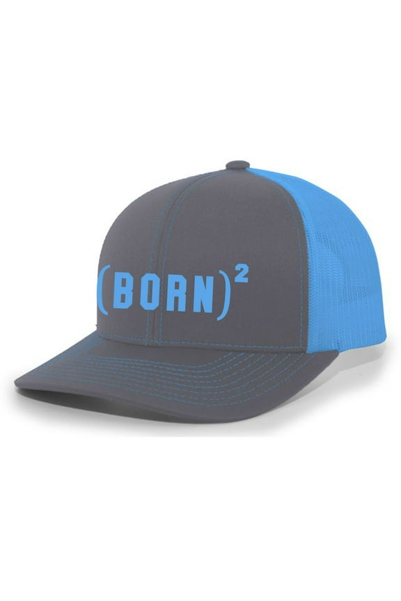 Christian Born Again Exponent Nail Cross Jesus Mens Mesh Back Trucker Hat Baseball Cap, Charcoal/Neon Blue