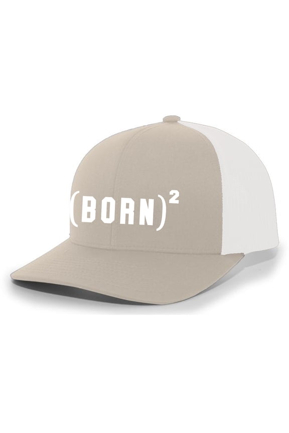 Christian Born Again Exponent Nail Cross Jesus Mens Mesh Back Trucker Hat Baseball Cap, Khaki/White