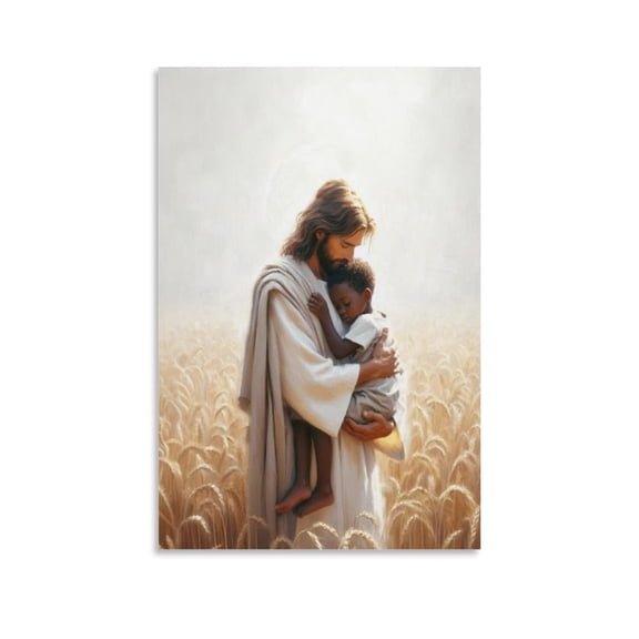 Christian Boy's Room Wall Art Jesus Christ And Black Boy Canvas Print Jesus And Black Child Poster Image Wall Art Poster Scroll Canvas Painting Picture Living Room Decor Home 12x18inch(30x45cm)