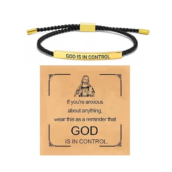 Christian Bracelet, Adjustable Braided Wristband, "God Is in Control", Gold & Black