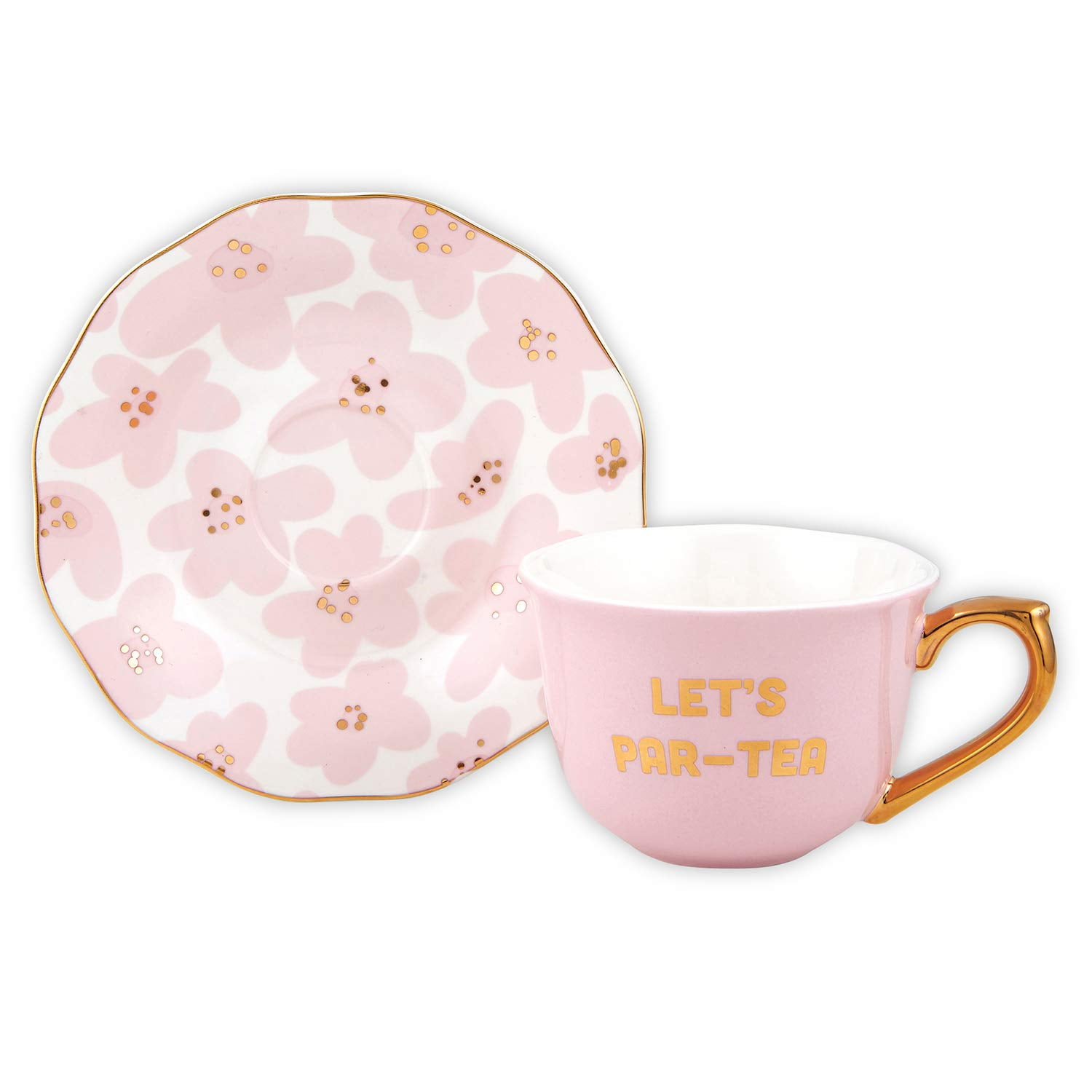 Pink Ceramic Tea Cup and Saucer Set with Gold Handle