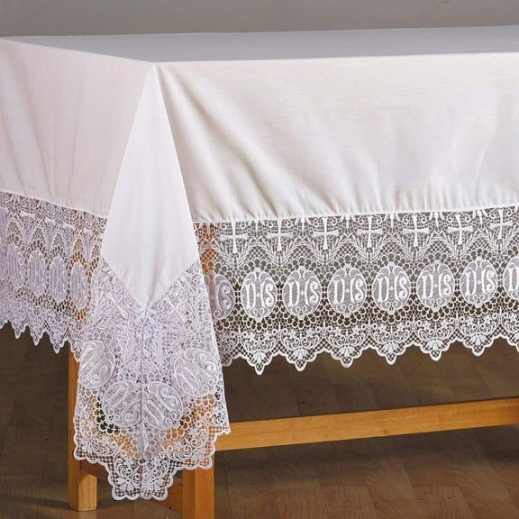 Christian Brands D1990 46 x 92 in. IHS Cross Altar Frontal Lace, White - Linen