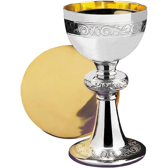 Christian Brands Gold Plated Brass Chalice and Paten 10 Ounce with Nickel Plated Scrollwork