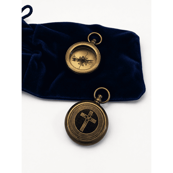 Christian Brass Pocket Compass with Cross Design, Engraved Faith Gift, Graduation Gift for Men, Baptism Confirmation Religious Keepsake with Velvet Pouch