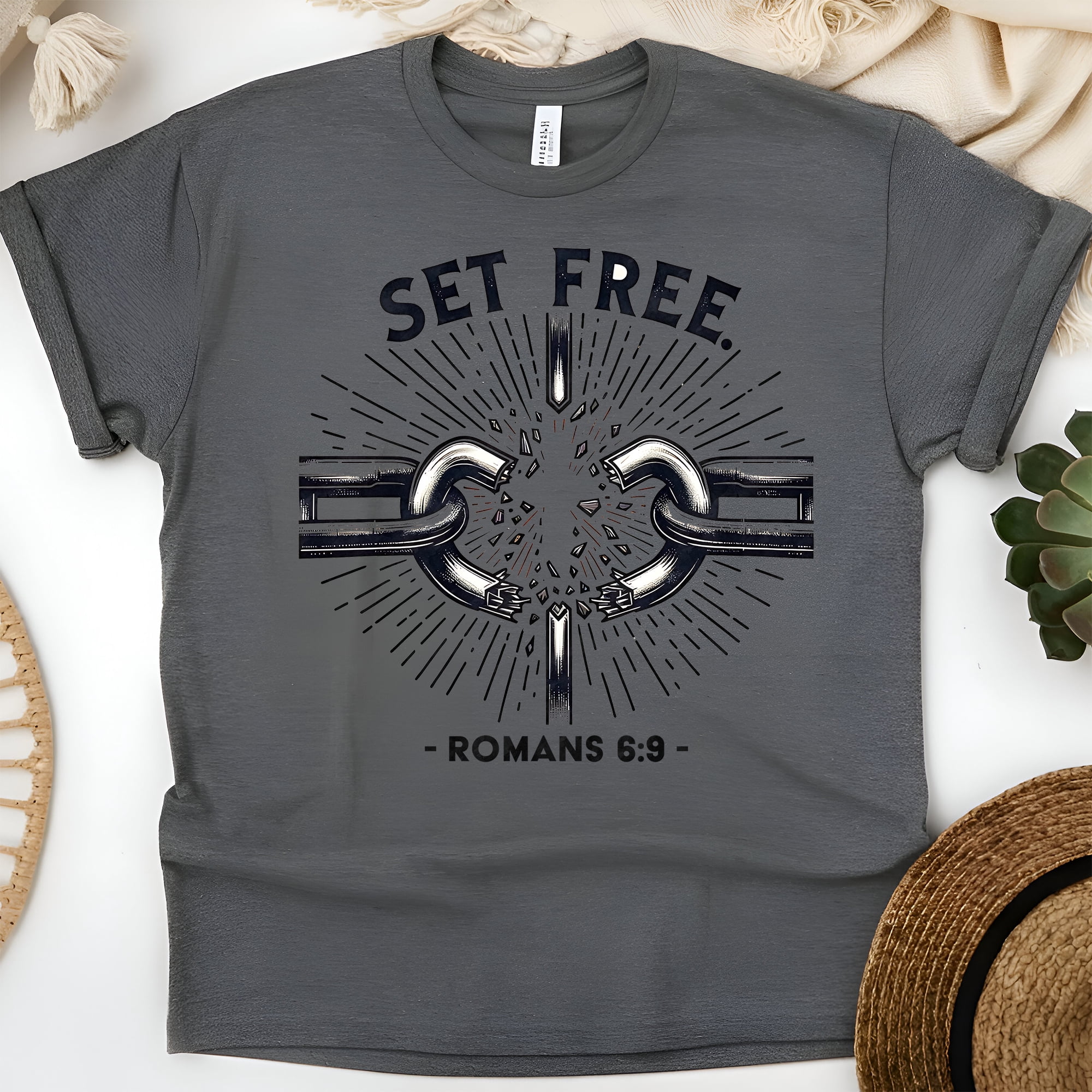 Christian Broken Chain Graphic T-Shirt Set Free Romans 6:9, Dark ...