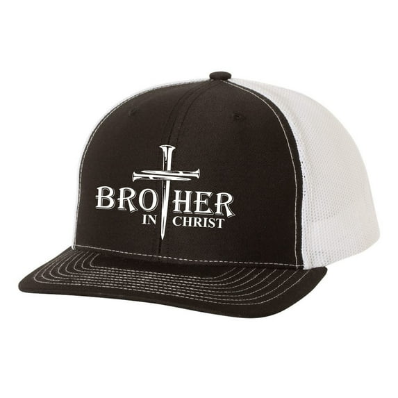 Christian Brother In Christ Cross Nails Mens Embroidered Mesh Back Trucker Hat, Black/White