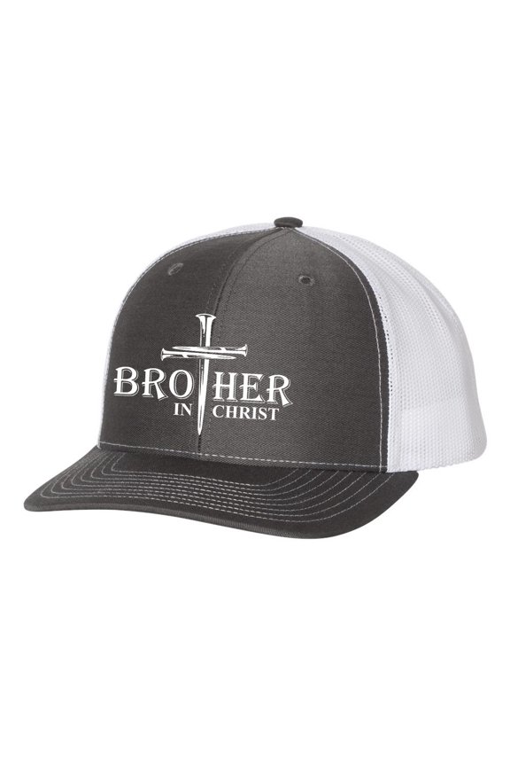 Christian Brother In Christ Cross Nails Mens Embroidered Mesh Back Trucker Hat, Charcoal/White