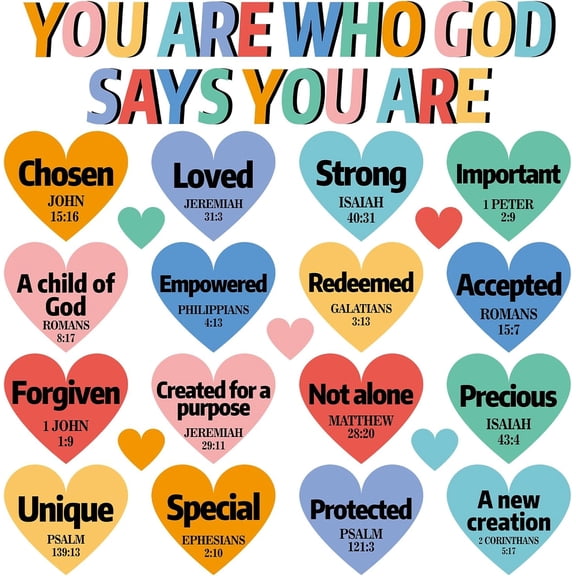 Christian Bulletin Board Decorations God Says You are Religious Classroom Decor Motivational Heart Paper Cutouts Inspirational Bulletin Board Sets for Sunday School Church Supplies