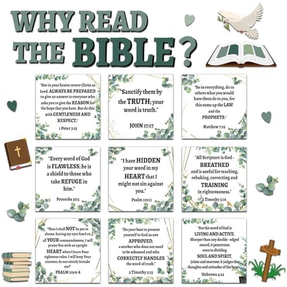 Christian Bulletin Board Set Reasons to Read Bible Religious Jesus Themed Classroom Decor with Border Strips Motivational Cards Classroom Sunday School Wall Decor Bulletin Board Supplies(Eucalyptus)