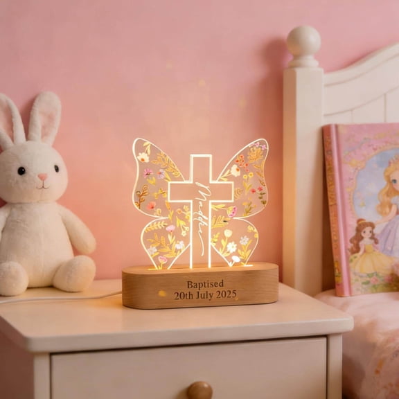 Christian Butterfly Cross Custom Night Light Acrylic Board Wooden Base Baptism Gift For Goddaughter Nursery Decor Lamp