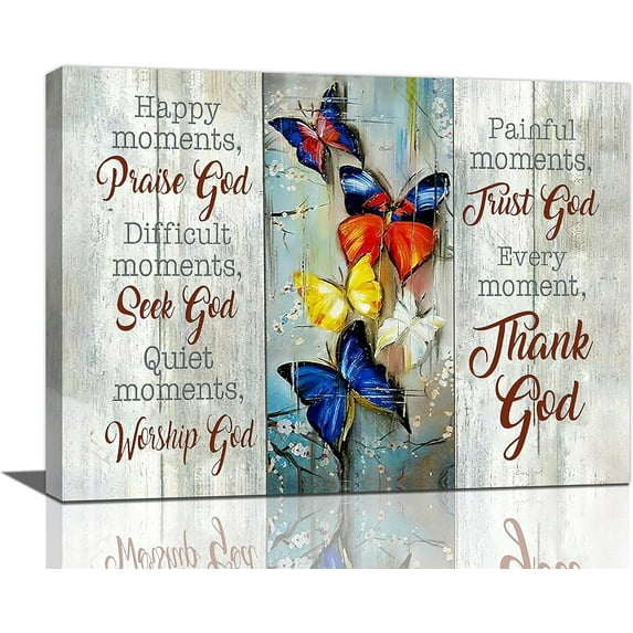Christian Butterfly Wall Art Butterfly Pictures Wall Decor Happy Moments Praise God Canvas Prints Christian Quotes Painting Modern Artwork Home Decoration for Bathroom Bedroom Living Room 16"x12"