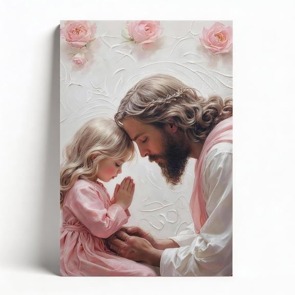 Christian Canvas Art Wall Decor Jesus and Girl in Prayer, Religious Framed Wall Decor, Inspirational Bible Verse Painting for Bedroom Living Room Bathroom, 12"x16"