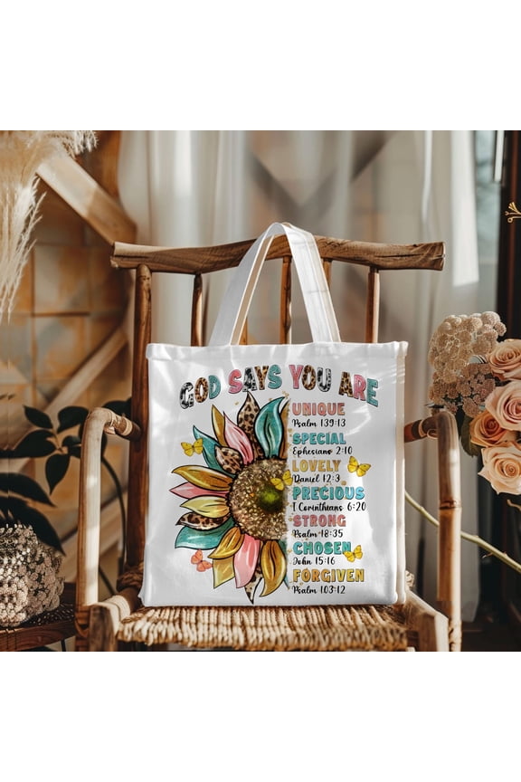 Christian Canvas Tote Bag for Women | God Says You Are Sunflower Design | Bible Verse Religious Gift Tote Bag | Faith-Inspired Tote for Church, Shopping & Everyday Use