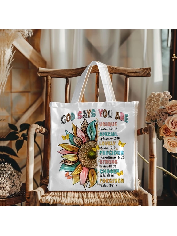 Christian Canvas Tote Bag for Women | God Says You Are Sunflower Design | Bible Verse Religious Gift Tote Bag | Faith-Inspired Tote for Church, Shopping & Everyday Use