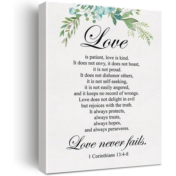 Christian Canvas Wall Art Love is Patient Love is Kind 1 Corinthians 13:4-8 Canvas Print Positive Scripture Canvas Painting Home Bedroom Wall Decor Framed Wedding Gift 12x15 Inch