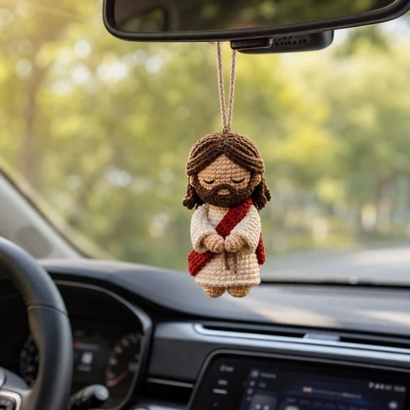 Christian Car Mirror Hanging Accessories 4 Inch, Crochet Jesus Hanging Ornament, Religious Rearview Mirror Charm for Vehicles, Spiritual Prayer Gift