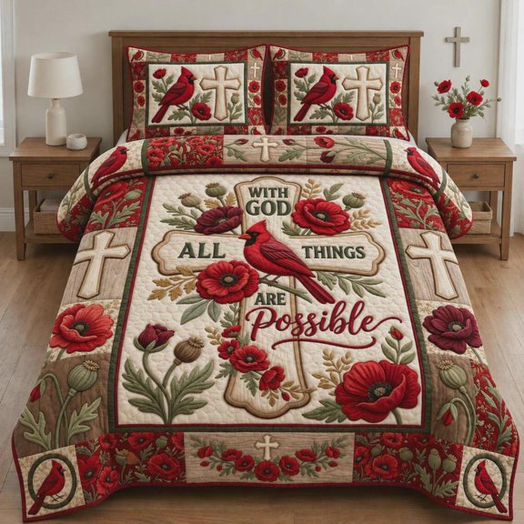 Christian Cardinal 3 Piece Quilted Bedding Set, Faith Cross Bedding Set