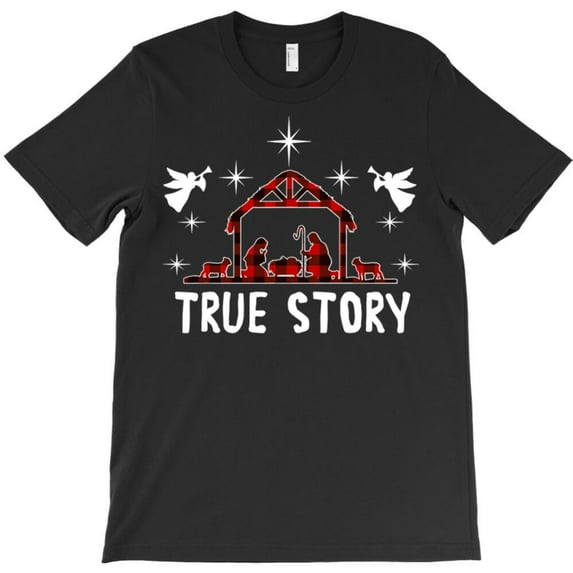 Christian Christmas Nativity Funny True Story Of Jesus' Birth With Red Plaid Graphic T-Shirt - Trending Now G11268, Up to 5XL