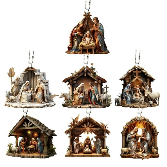 Christian Christmas Ornament The Birth of Jesus Nativity Scene Ornament 3 D Acrylic Ornament for Xmas Tree Car Rearview Mirror Decor Holiday Favor
