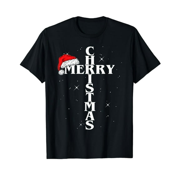 Christian Christmas Santa hat Jesus Cross and snow T-Shirt