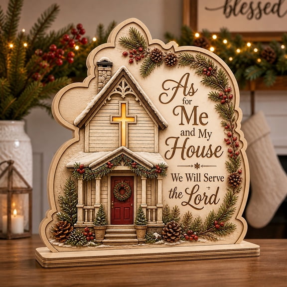 Christian Christmas Wooden Stand Faithful Family House Tabletop Display for Holiday Home
