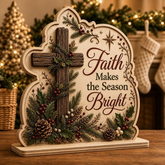Christian Christmas Wooden Stand Rustic Cross Wooden Tabletop Display for Holiday Decor