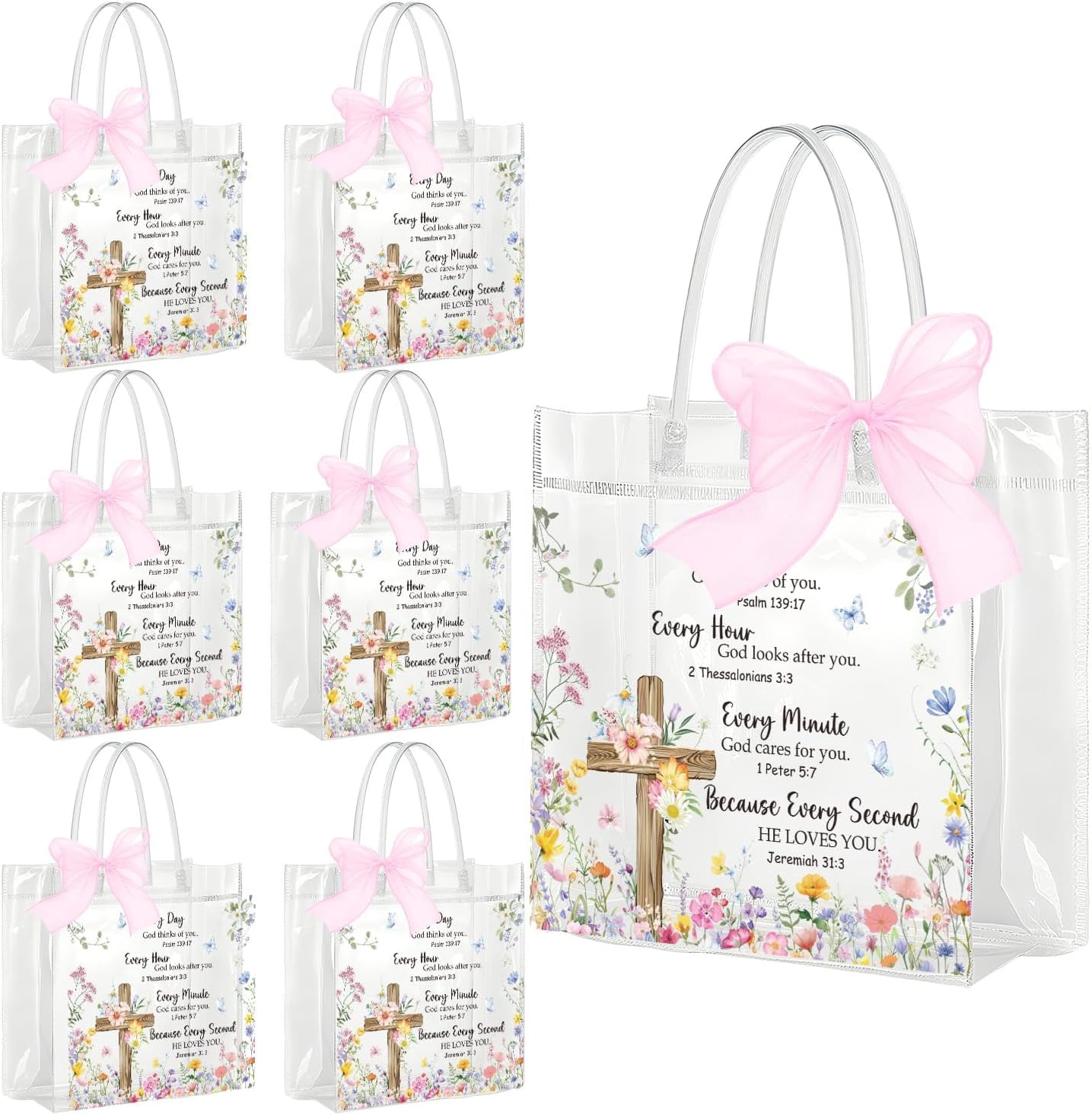 Christian Clear Gift Bags - 20 Pcs Religious Bible Flower Clear PVC Goodie Candy Treat Bags with Handle Inspirational Verse Handbag with Ribbon for Religious Baptism Themed Party Supplies