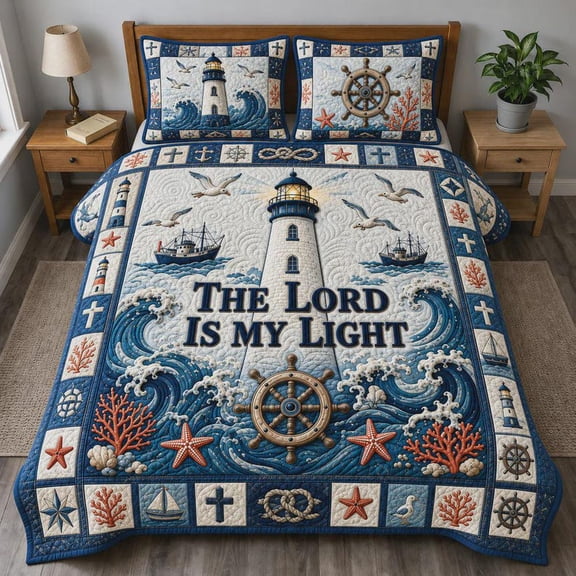 Christian Coastal Bedding Set, Lighthouse Nautical Bedspread, Ocean Faith Bedroom Decor Gift