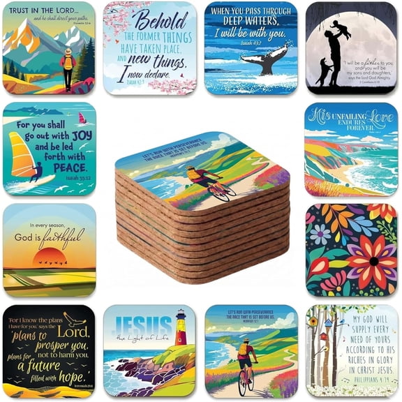 Christian Coasters, Cork Backed Coasters Set of 12, Designed in England, with Bible Verses or Inspirational Words. Christian Gifts for Women or Men, by Just Cards Direct (Multicolored / C472)