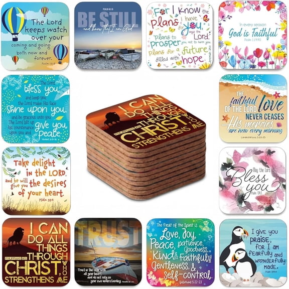 Christian Coasters, Cork Backed Coasters Set of 12, Designed in England, with Bible Verses or Inspirational Words. Christian Gifts for Women or Men, by Just Cards Direct (Multicolored / C455)