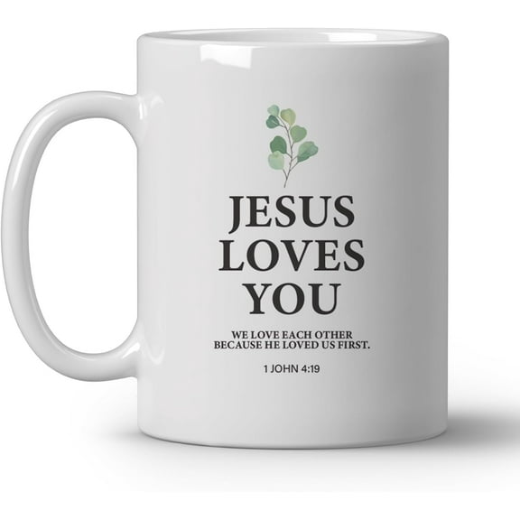 Christian Coffee Mugs for Women, Jesus Loves You, Christian Watercolor Eucalyptus Ceramic Coffee Mug, Scripture Bible Verse Coffee Cup, 11oz Ceramic Cup White