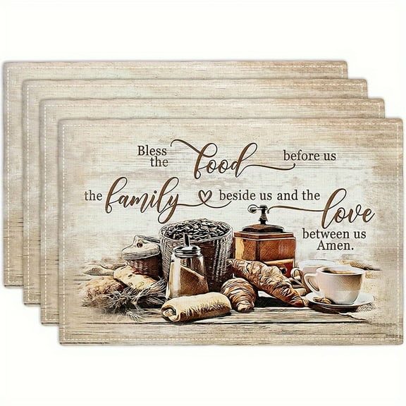 Christian Coffee Placemats Set of 4, Bless The Food Before Us Place Mats, Religious Table Mats for Kitchen Dining Table Kitchen Decor Linen 12x18 Inch