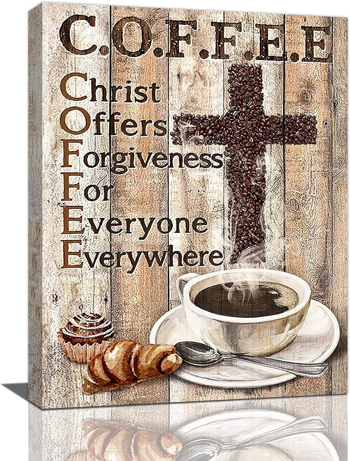 Christian Coffee Wall Art Coffee Bean Cross Pictures Wall Decor Rustic Kitchen Christ Coffee Painting Canvas Prints Inspirational Framed Modern Artwork Home Kitchen Dining Room Cafe Decor 12"x16"