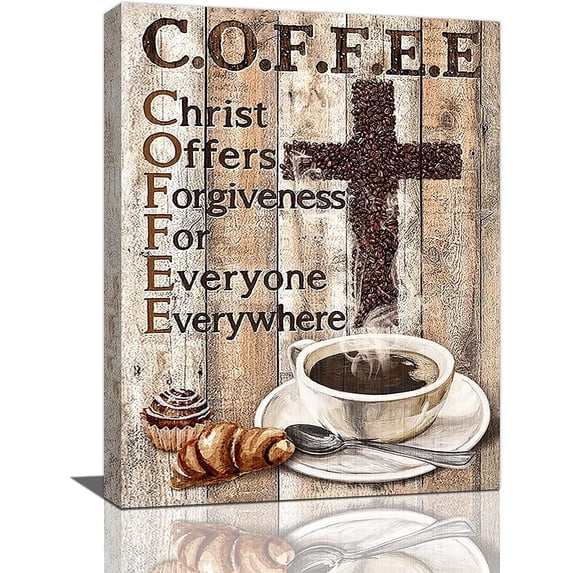Christian Coffee Wall Art Coffee Bean Cross Pictures Wall Decor Rustic Kitchen Christ Coffee Painting Canvas Prints Inspirational Framed Modern Artwork Home Kitchen Dining Room Cafe Decor 12"x16"