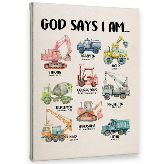 Christian Construction Wall Art Decor Canvas, God Says I Am Bible Verse Construction Pictures Wall Decor Decorations Art, Religious Framed Prints Artwork For Boys Room Bedroom Playroom
