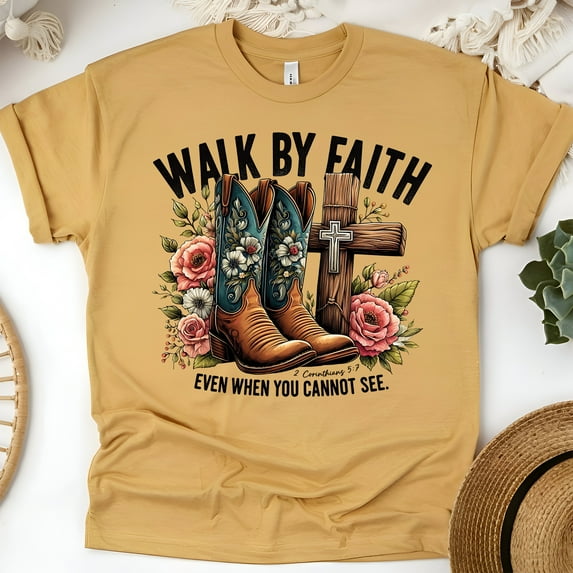 Christian Cowboy Boots Graphic T-Shirt Walk by Faith 2 Corinthians 5:7, Gold, Size L