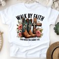 thumbnail image 1 of Christian Cowboy Boots Graphic T-Shirt Walk by Faith 2 Corinthians 5:7, White, Size S, 1 of 6