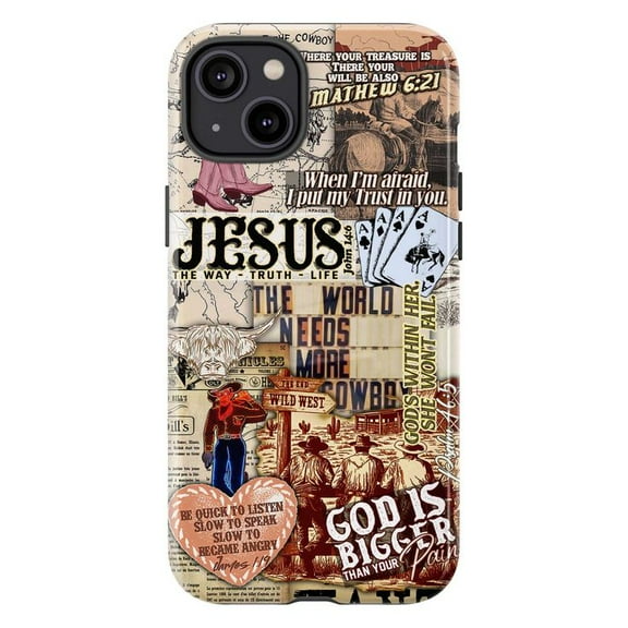Christian Cowboy Collage Phone Case, Western Scripture Motivational Art Cover for iPhone 17 16 15 14 13 12 11 Pro Plus Mini