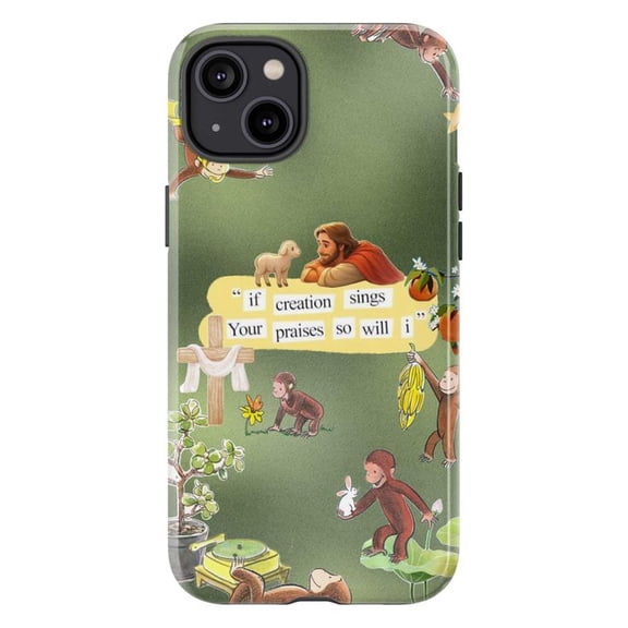 Christian Creation Sings Praises Case iPhone 17 16 15 14 13 12 11 Pro Plus Mini, Jesus & Monkeys Green Worship Quote Cover