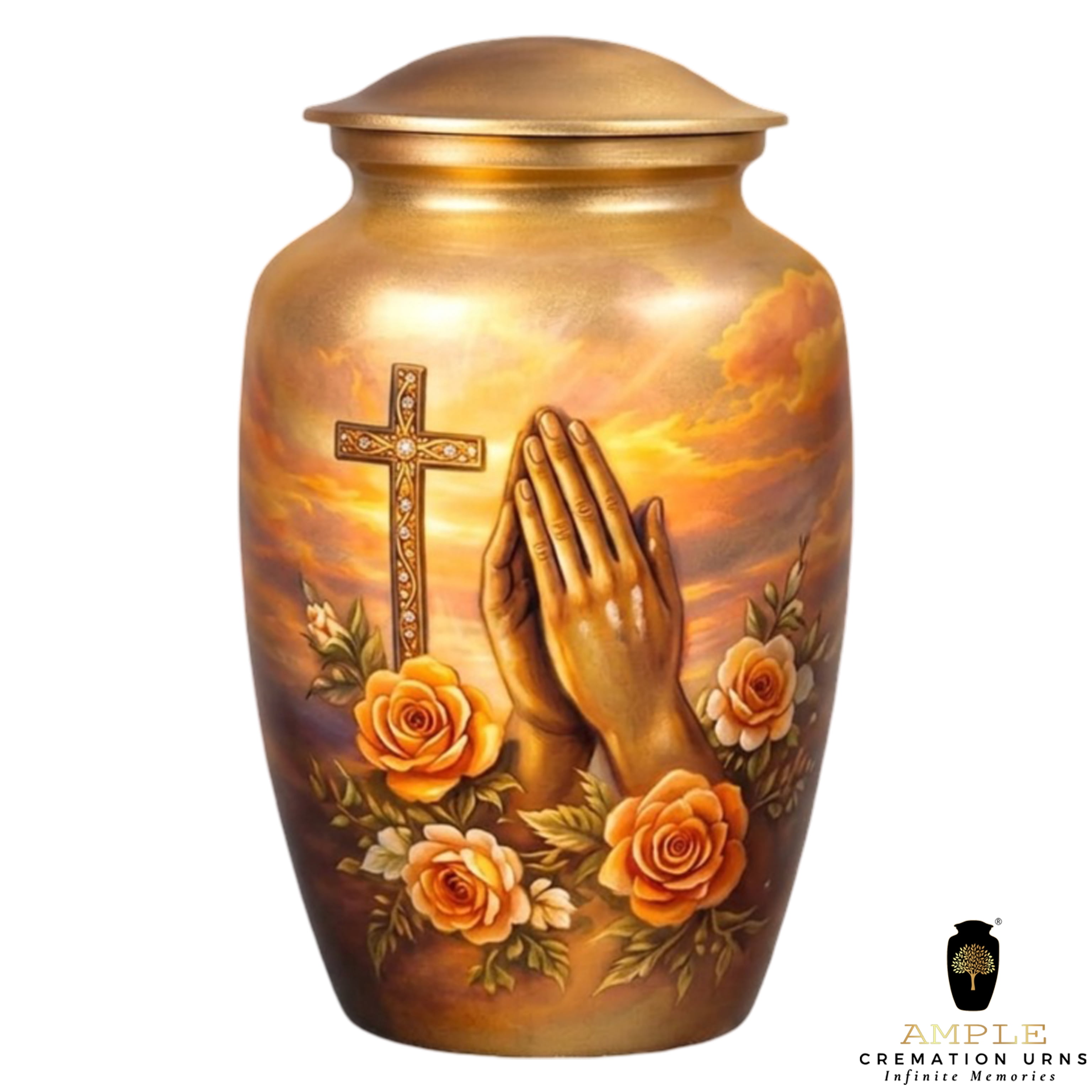 Christian Cremation Urn for Human Ashes Adult – Cross & Praying Hands Memorial Urn 10 inch