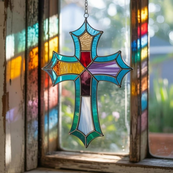 Christian Cross Acrylic Suncatcher, Colorful Faith Window Decor, Religious Cross Hanging Art, Cross Stained Glass Ornament, Christian Gift